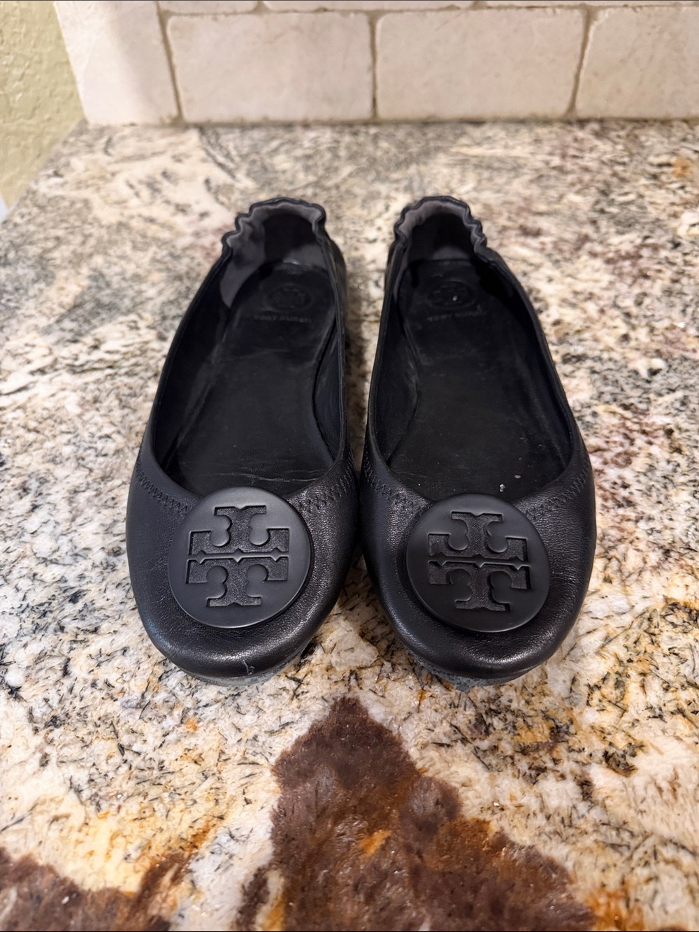Tory Burch Black Leather Minnie Travel Ballet Flats